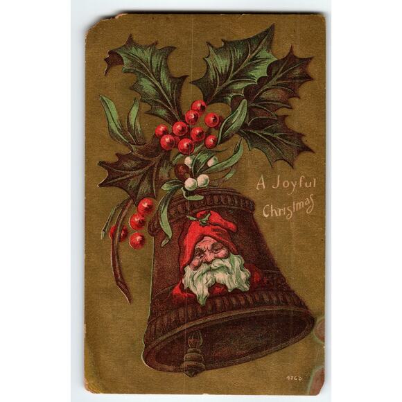 Vintage Santa Claus Christmas Bell Postcard with Holly & Berries - Picture 1 of 2